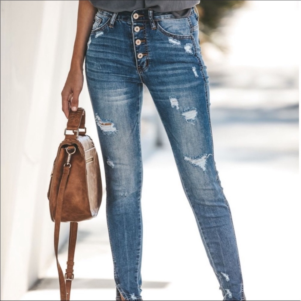 High Rise Distressed Ripped Denim Jeans Skinny - Picture 8 of 9
